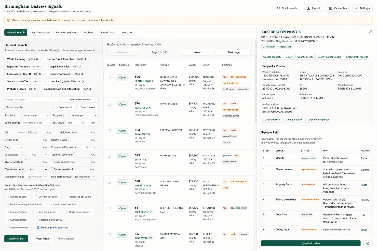 Stylized view of Birmingham Distress Signals, showing filters, property results, and a property evidence review panel
